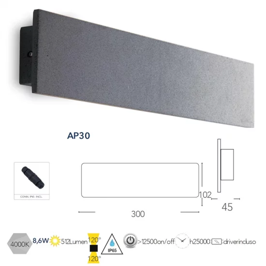 INTEC LIGHT outdoor concrete wall light PARKER, LED, 8.6W, 4000K, 512lm, LED-PARKER-AP30 GR