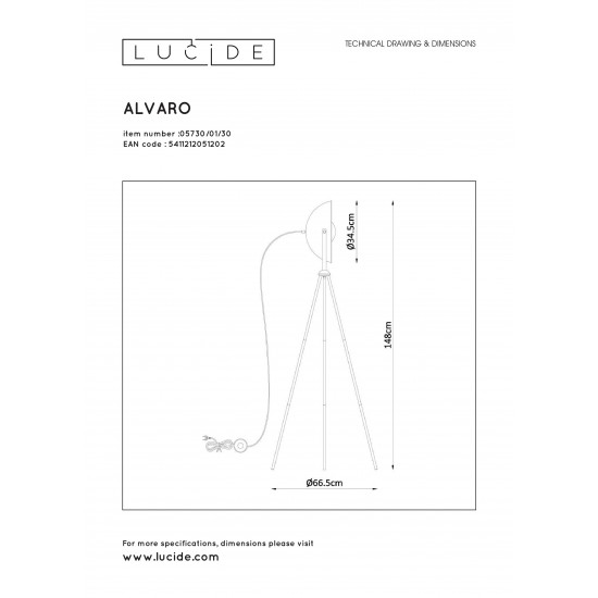LUCIDE floor lamp ALVARO, 1xE27x40W, 05730/01/30