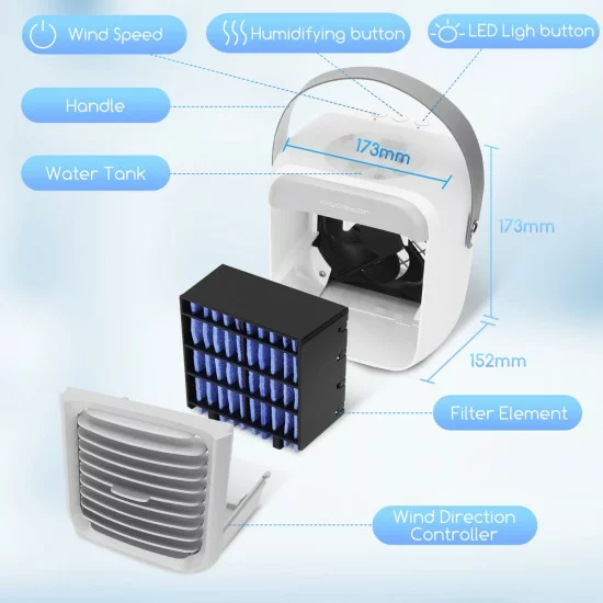Portatīvais bezvadu ventilators, gaisa dzesētājs ar LED apgaismojumu un USB portu 1-8W/5V, ICE CUBE
