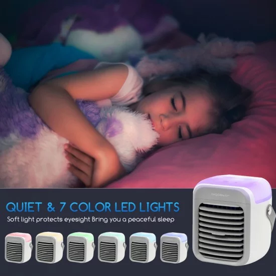 Portatīvais bezvadu ventilators, gaisa dzesētājs ar LED apgaismojumu un USB portu 1-8W/5V, ICE CUBE