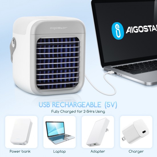 Portable wireless fan, air cooler with LED light and USB port 1-8W/5V, ICE CUBE