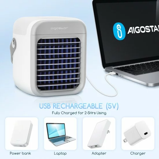 Portatīvais bezvadu ventilators, gaisa dzesētājs ar LED apgaismojumu un USB portu 1-8W/5V, ICE CUBE