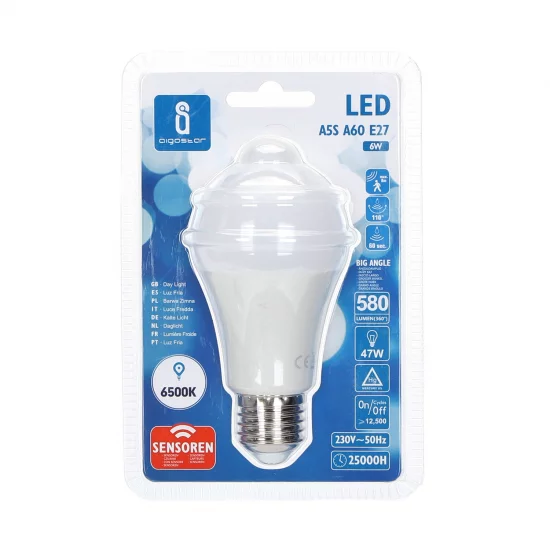 Aigostar LED spuldze 6W, 580lm, A60 E27 6500K ar iebūvētu infrasarkanu kustības sensoru Aigostar LED spuldze 6W, 580lm, A60 E27 6500K ar iebūvētu infrasarkanu kustības sensoru