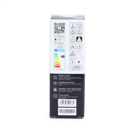 Smart bulb 7W, 500lm, C37 E14 WiFI RGB-3000K-6500K, compatible with Alexa and Google Home applications Smart bulb 7W, 500lm, C37 E14 WiFI RGB-3000K-6500K, compatible with Alexa and Google Home applications