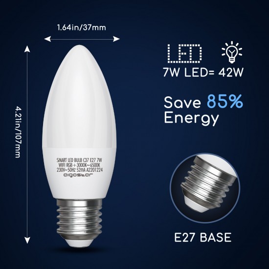 Smart bulb 7W, 500lm, C37 E27 WiFI RGB-3000K-6500K, compatible with Alexa and Google Home applications