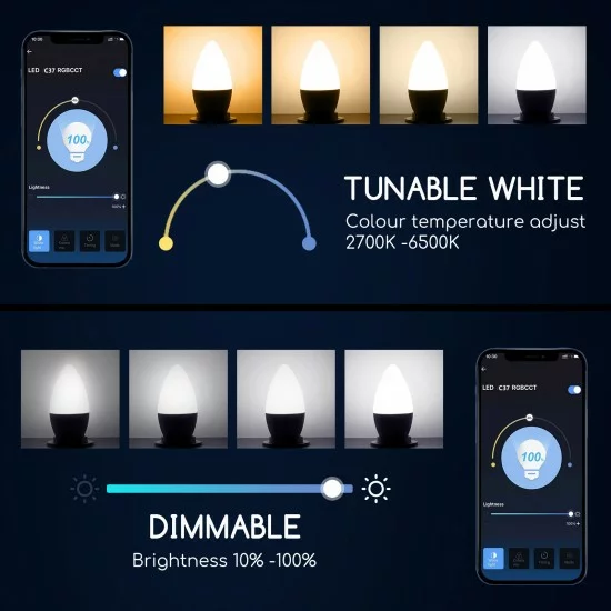 Smart bulb 7W, 500lm, C37 E27 WiFI RGB-3000K-6500K, compatible with Alexa and Google Home applications