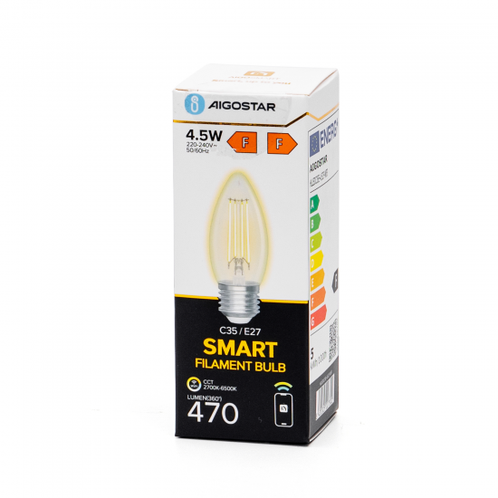 Умная LED филаментная лампочка Clear 4.5W, 470lm, C35 E27 WiFI, Bluetooth 2700K-6500K, 227302