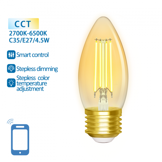 Умная LED филаментная лампочка Amber 4.5W, 470lm, C35 E27 WiFI, Bluetooth 2700K-6500K, 227319