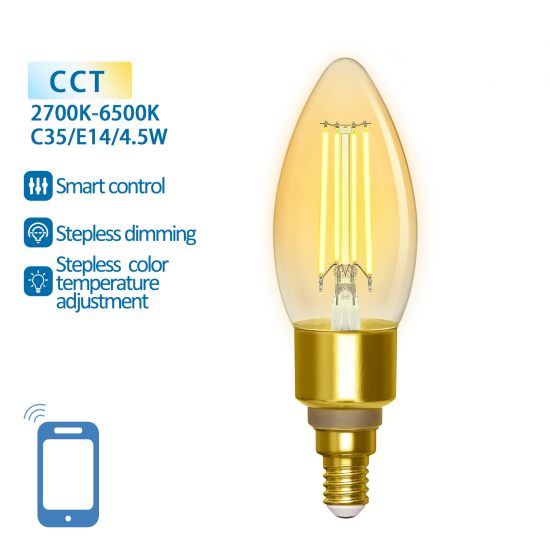 Smart LED Filament bulb Amber 4.5W, 470lm, C35 E14 WiFI, Bluetooth 2700K-6500K, 227333