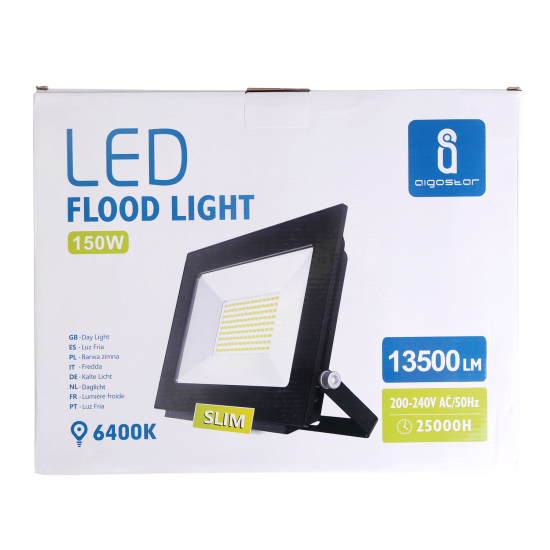 Aigostar LED Slim Flood Light Die Casting, 150W, IP65, 6400K, 13500lm, black, 187378
