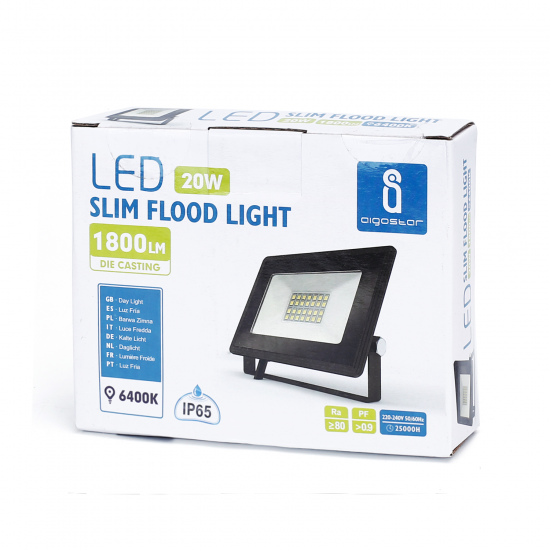 Aigostar LED Slim Flood Light Die Casting, 20W, IP65, 6400K, 1800lm, black, 198282