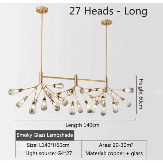 Nordic luxury copper LED chandelier with 27 glass lampshades, 27xG4 LED, Inflorescence-Long