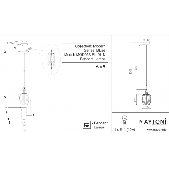 Maytoni suspension light Blues MOD033-PL-01-N