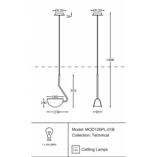 Maytoni pendant lamp 1xG9x28W, black, Mollis MOD126PL-01B Maytoni pendant lamp 1xG9x28W, black, Mollis MOD126PL-01B