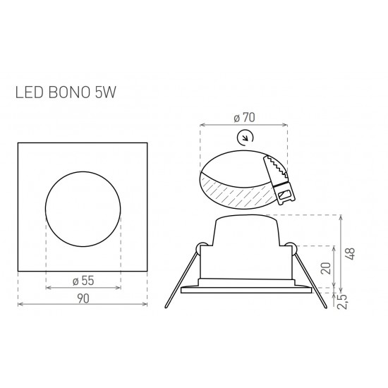 GREENLUX recessed LED light BONO-S 5W, 330lm, 3000K, IP65/20, GXLL082