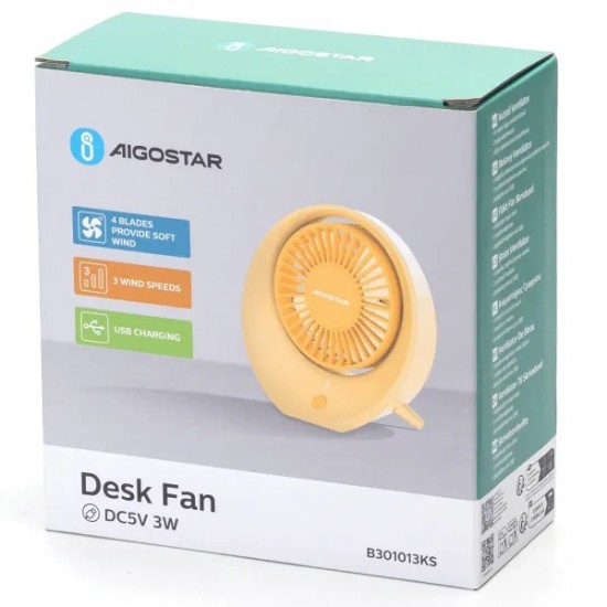 Portable desk fan with USB port 3W/5V, yellow 409760