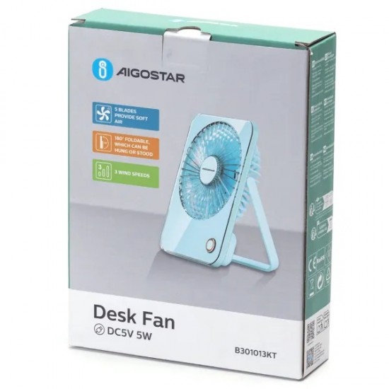 Portable desk fan with USB port 5W/5V, light blue 409777