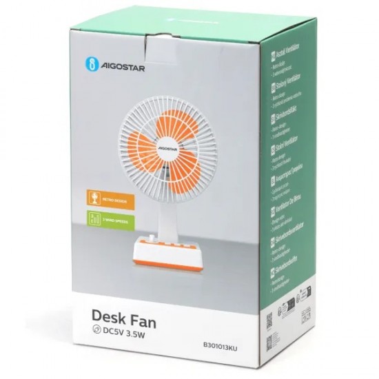 Portable desk fan with USB port, retro design, without battery, 3.5W/5V, white-orange 409784