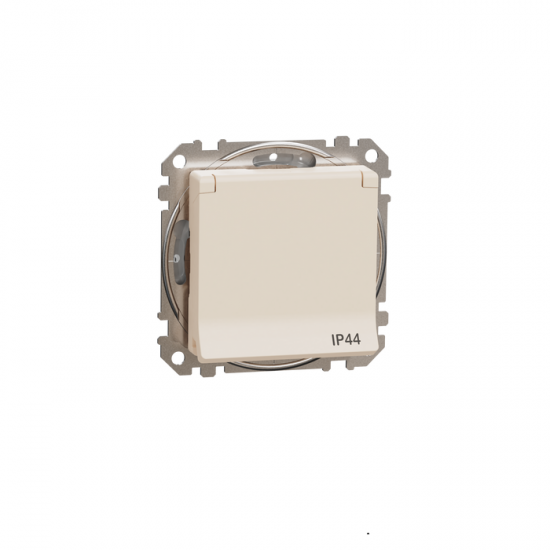 1-fach Schutzkontakt-Steckdose, Unterputz, mit schraublose Klemmen und Kinderschutz, mit Klappdeckel IP44 Beige SEDNA Design