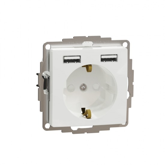 Socket 1-gang flush-mounted with side earth, screwless 2xUSB max 2.4A, white SEDNA Design