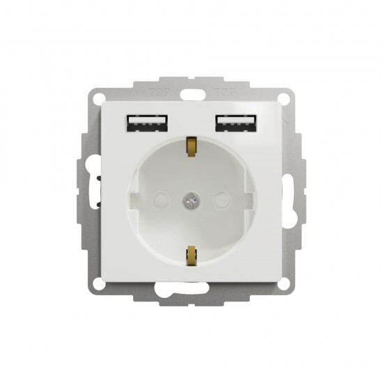 Socket 1-gang flush-mounted with side earth, screwless 2xUSB max 2.4A, white SEDNA Design
