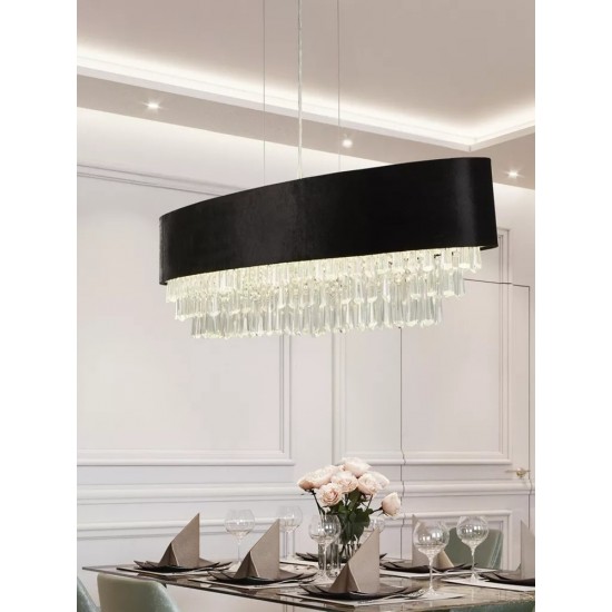 Searchlight chandelier Glamour balck velvet and clear crystals, 8x33WxG9, 50818-8BK