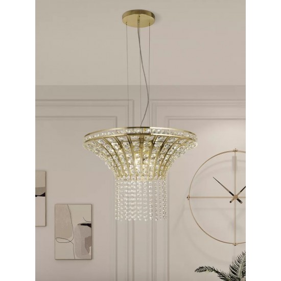 Searchlight chandelier Gemma Satin Brass and Clear Crystal, 8x33WxG9, 68511-8SB