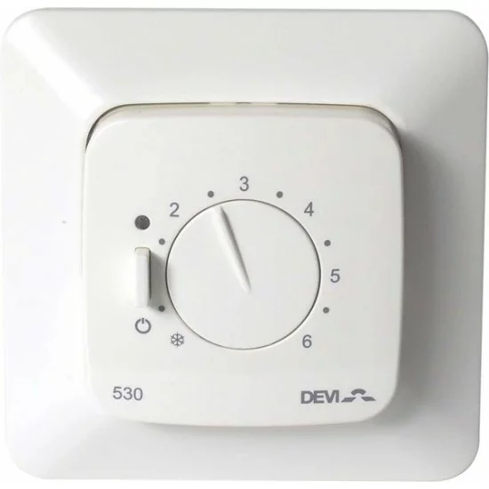 Built-in thermostats DEVIreg 530 with temperature range 5..+45°C with floor sensor and JUSSI frame, 15A, 140F1032